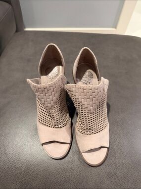 Vince Camuto Open-Toe Woven Suede Booties in Light Taupe
